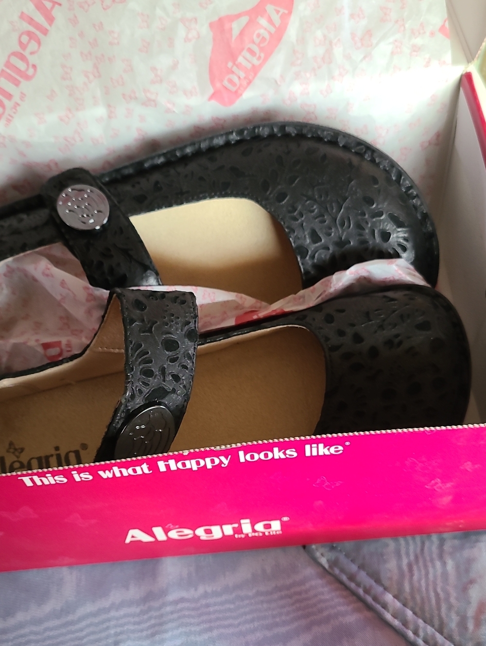 Alegria Black Floral-Textured Mary Jane Flats